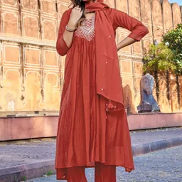 kodila Women Embroidered, Embellished, Self Design Chanderi Anarkali Kurta With Attached Dupatta image 3