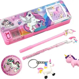 johnnie boy Magic Dual Magnetic Pencil Box with Calculator & Dual Sharpener for Kids 1 Pencil , 1 Pen , 1 Keychain , 1 Super Unicorn Batch ,1 Eraser Art Plastic Pencil Box-picture-24