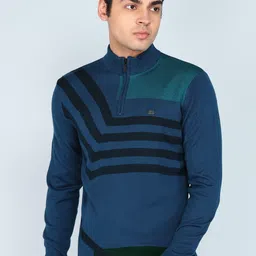 peter england Men Self Design High Neck Dark Blue Sweater-picture-31