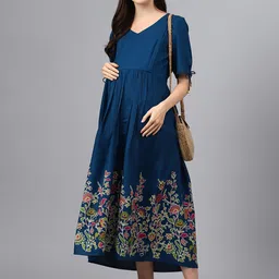 negen Women Gathered Blue Midi/Calf Length Dress-picture-30