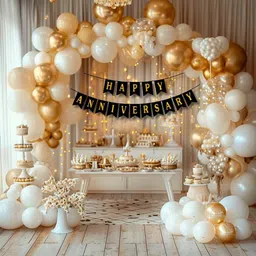 kapoor stores Gold, White Happy Anniversary Decoration Kit with Gold White Balloons, Confetti & Cork Light image 1