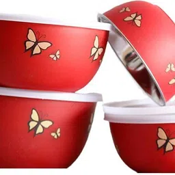 ashu Stainless Steel Storage Bowl Microwave Safe Red Butterfly Printed image 3