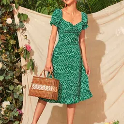 dream beauty fashion Women Ruffled Green, White Below Knee Dress image 5