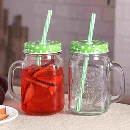 pretended Glass Straw Jar Mason jar with Lid and Straw Ice Cream Fruit Cold Drinking Water Jars Cold Coffee Juice Cup - 400 ml Glass Grocery Container (Clear)(PACK OF 2) Glass Beer Mug-image-96