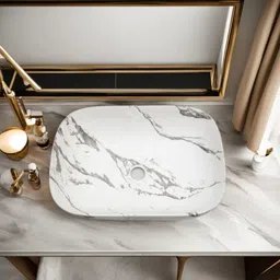 devito (18*13*5) inch super glossy finish designer basin / counter top basin / (45*33*13.5) cm super glossy finish marble tone ceramic wash basin / Table Top Basin image 3