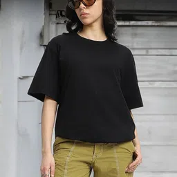 juneberry Oversized Women Solid Round Neck Pure Cotton Black T-Shirt-picture-11