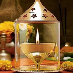 Akhand Jyoti Brass Diya for puja-Akhand Diya with Glass Cover/Oil Puja Lamp Brass Table Diya-image-20