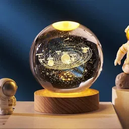 crecklos 3D Space Galaxy Planet Crystal Ball Night Light Ball with Wooden Base Night Lamp Table Lamp image 1