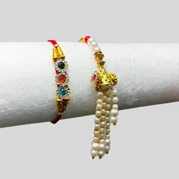 the india style Bhaiya Bhabhi Veera Chamak & Pink Lumba Chuda Rakhi For Bhabhi ( Multicolor) 2 Mauli Thread, Kundan Rakhi, Chawal Roli Pack, Greeting Card Set-picture-14