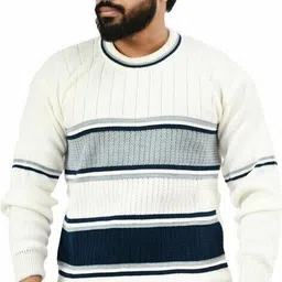 manra Men Striped Round Neck White Sweater-picture-18