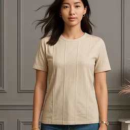 dtr fashion Women Solid Round Neck Pure Cotton Beige T-Shirt-picture-24
