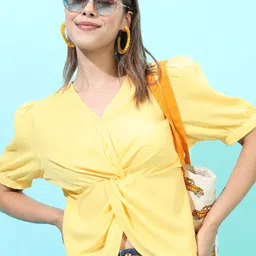 tokyo talkies Casual Regular Sleeves Solid Women Yellow Top-picture-21