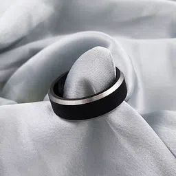 gift nest Shinny Black with Silver Border Strips Band Ring promise ring for men and boys Stainless Steel Rhodium Plated Ring-picture-24