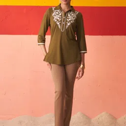 Lakshita Floral Yoke Design Shirt Collar Thread Work Straight Kurti-picture-16