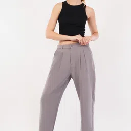 high-buy Women Loose Fit Grey Cotton Blend Trousers image 3