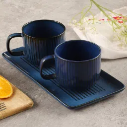 miah decor Blue Ceramic 310ml Handcrafted 3pc Coffee Mugs with Tray image 1