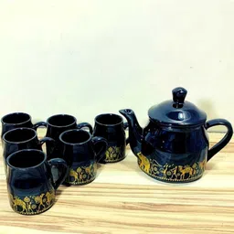 laxmi creation Pack of 7 Ceramic CAMEL DESIGN BALCK Tea set with kettle ( pack of 6 cup and 1 kettle) image 4