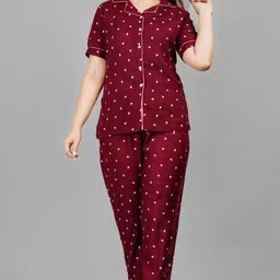 Women Shirt & Pyjama set Maroon Printed-image-9