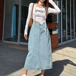 Women Solid Straight Light Blue Skirt-image-0