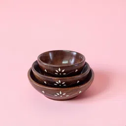 cleevora Wooden Serving Bowl Wood Bowl Set of 3 Brass Inlay Work: Salad, Soup, Snacks, Prep Serving Dish-picture-11