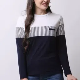 lowrate Women Colorblock Round Neck Cotton Blend Navy Blue T-Shirt-picture-23