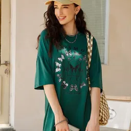 christy world Women Printed, Typography Round Neck Pure Cotton Green T-Shirt-picture-17
