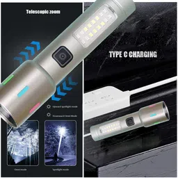 rynz Zoomable Metal Led Torch Light Long Range 2 Km, Type C, 5 in 1 Multifunction Torch image 3