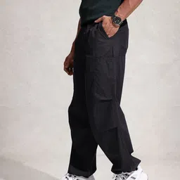 wrogn Men Loose Fit Black Pure Cotton Trousers image 3