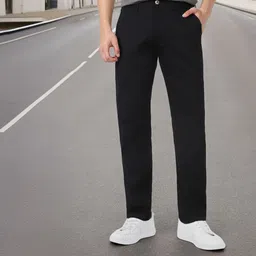Men Slim Fit Black Cotton Blend Trousers-image-2