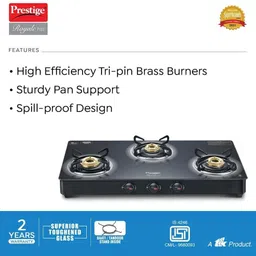 prestige Royale Plus Series GT03L Toughened Black Glass Top With Tripin Brass Burner Glass Manual Gas Stove image 3