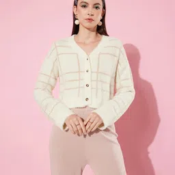 roadster Women Checkered V Neck White Sweater image 3