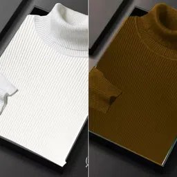 jaqque Men Solid High Neck White, Brown Sweater image 1