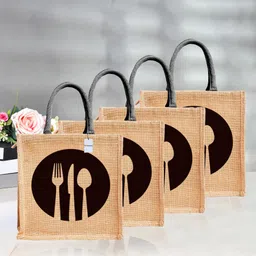 homestic Jute Black Spoon Fork Grocery Bag|Zipper Shopping Bag with Handle|Packof 4|Brown Pack of 4 Grocery Bags-picture-31