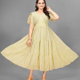 Women Maxi Yellow Knee Length Dress-image-74