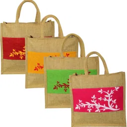 sainik's Design Jute Bags Eco Friendly Code SD-14 of 4 Units Design Leafs Pack of 4 Grocery Bags-picture-23