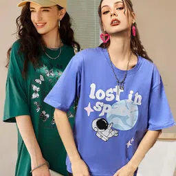 christy world Pack of 2 Women Printed Round Neck Pure Cotton Multicolor T-Shirt-picture-10