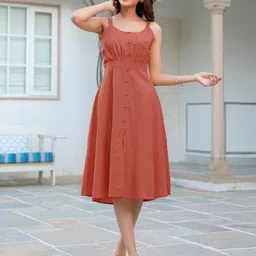 janasya Women A-line Orange Midi/Calf Length Dress image 5