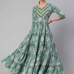 glam roots Women Floral Print Cotton Blend Flared Kurta-picture-10