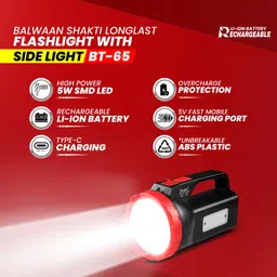 balwaan krishi BT-65 5W LED Flashlight with Side Light | Type-C Fast Charging | 3 Light Modes 7 hrs Torch Emergency Light image 3