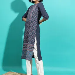 Vishudh Navy Blue Ethnic Motifs Printed Round Neck Straight Kurta image 4