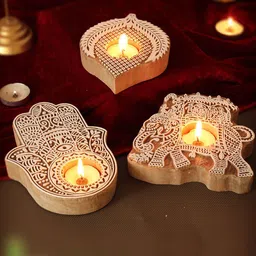 TIED RIBBONS Brown & White 3 Pcs Wooden Leaf Palm & Elephant Shaped T-Light Candle Holders image 1