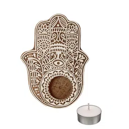 TIED RIBBONS Brown & White 3 Pcs Wooden Leaf Palm & Elephant Shaped T-Light Candle Holders image 3