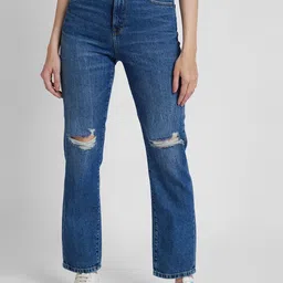 SPYKAR Women Straight Fit High-Rise Slash Knee Light Fade Stretchable Jeans-image-7