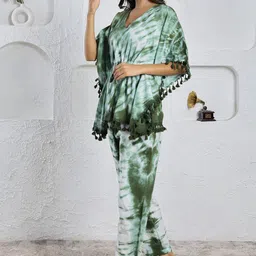 SANSKRUTIHOMES Tie & Dye Dyed V-Neck Pom Pom Pure Cotton Kaftan Night Suit image 2