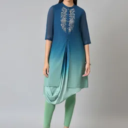 W Women Green Floral Embroidered High Slit Kurta & Leggings-picture-0