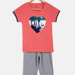 Sweet Dreams Girls Coral Orange & Grey Melange Heart Sequinned Night suit-image-88