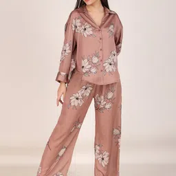 Masha Brown & Grey Floral Printed Shirt Collar Satin Night Suit-picture-16