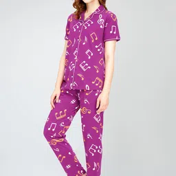 Zeyo Conversational Printed Lapel Collar Pure Cotton Night suit image 3