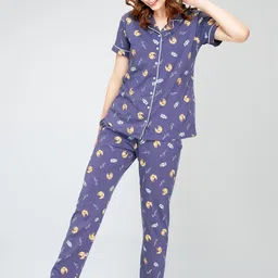 Zeyo Conversational Printed Round Neck Pure Cotton Night Suit image 5