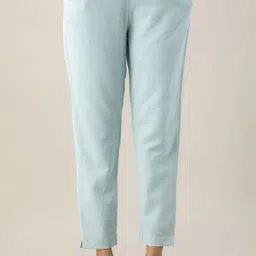 kohsh Women Regular Fit Light Blue Pure Cotton Trousers-picture-26